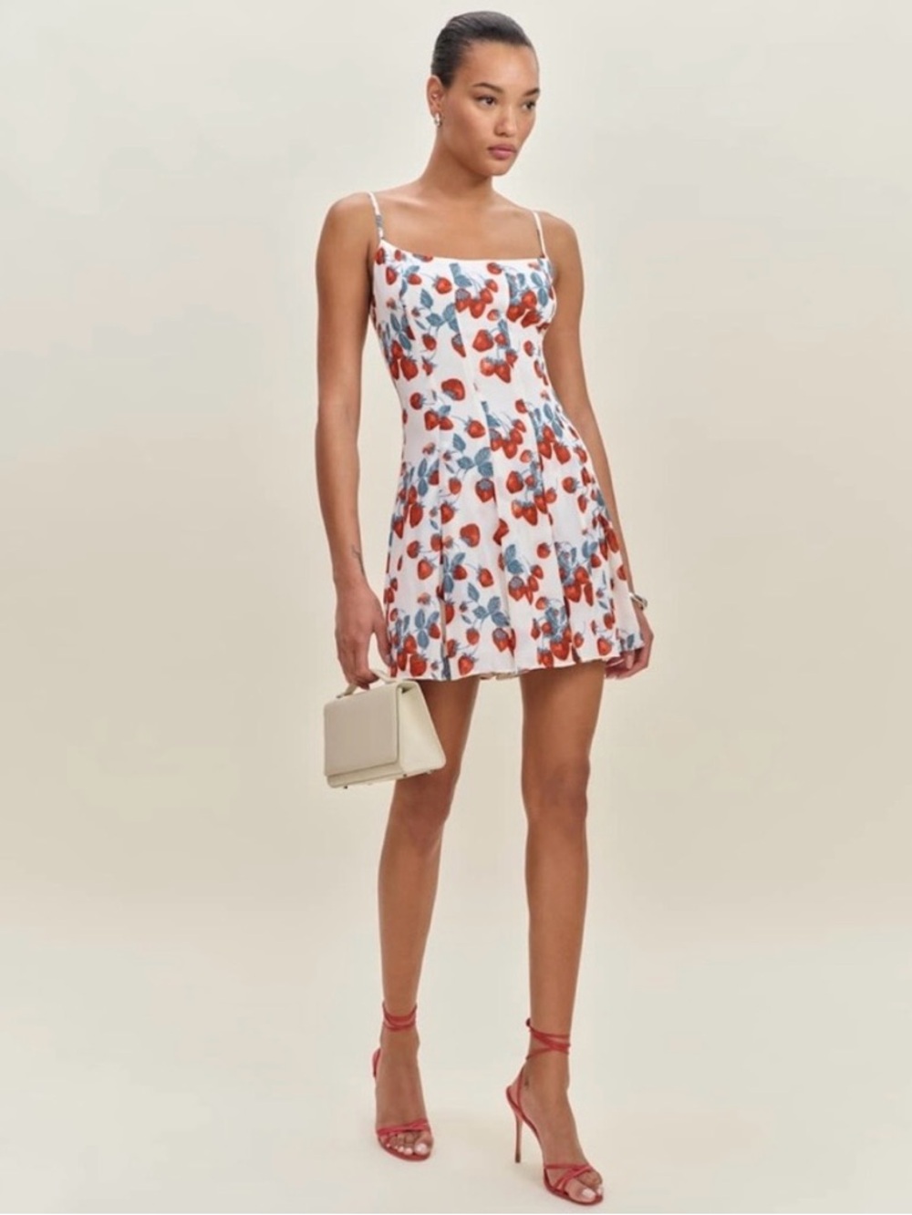 Reformation White Floral Print Mini Dress with Red Cherry Print